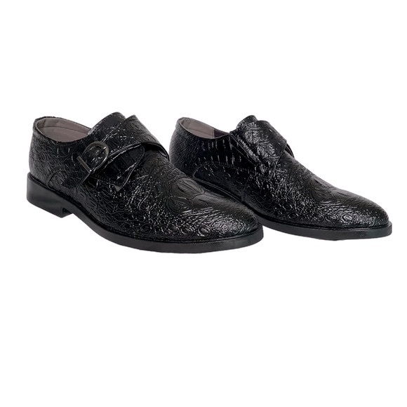 Crocodile Embossed Slip On Shoes Black Brogue Pointed Toe Size EU44
